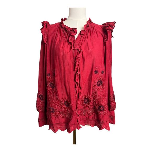 Sea New York Red Ruffled Embroidered Boho Blouse Shirt Top 10 Cotton Floral - Picture 1 of 11